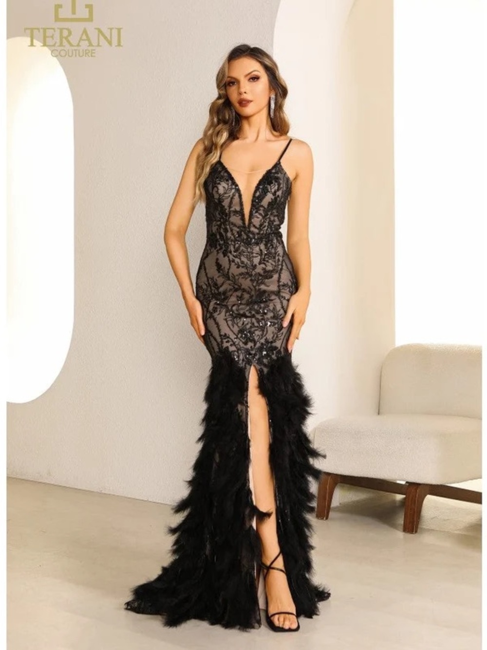 Terani Couture 251P4321 Black Beaded Lace Gown with Feather Trim